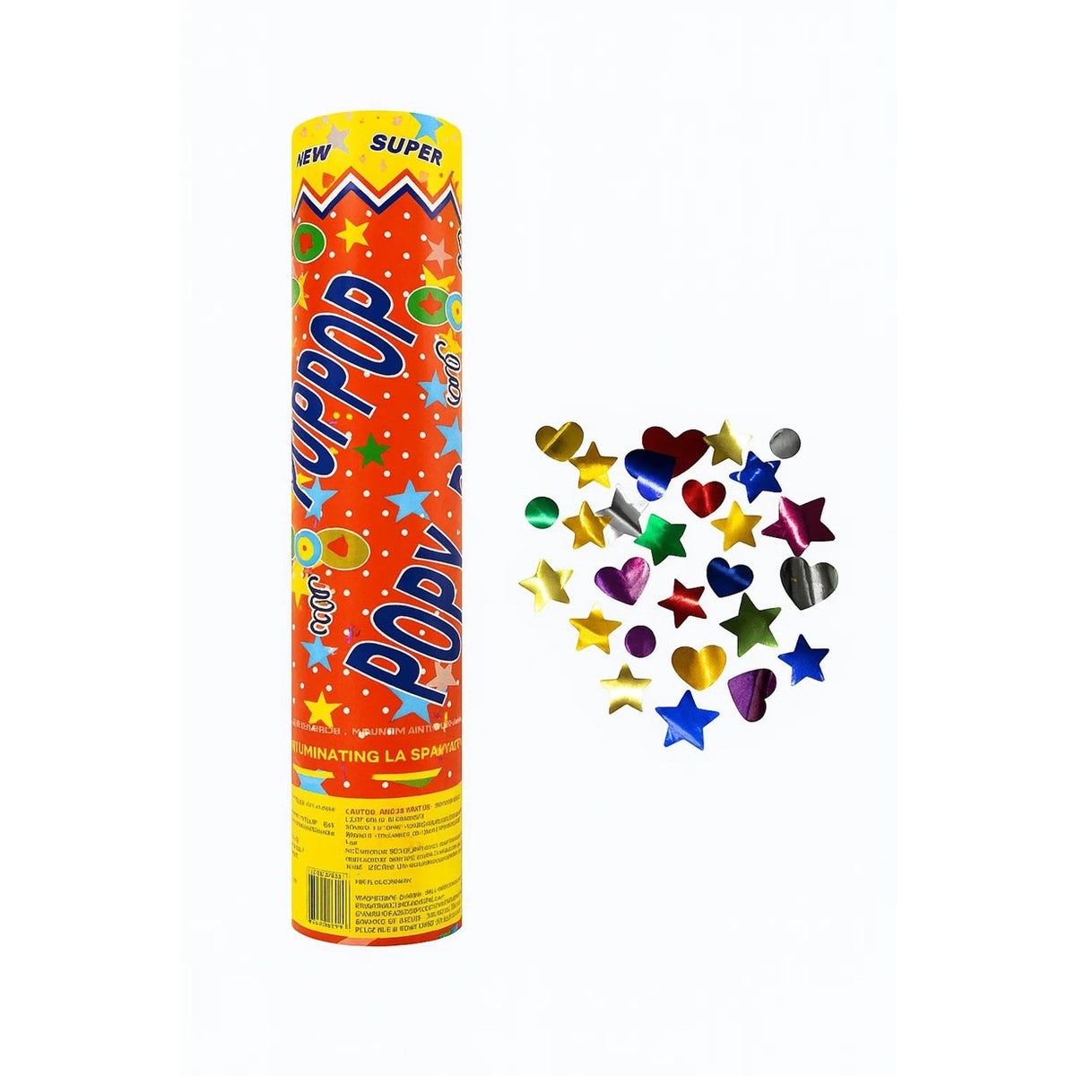 Tun de Confetti, Party Popper 40 cm, Model Stele, Inimi si Paiete Lucioase, Activare prin Rasucire, Material Carton, Multicolor, 3 cm Diametru Confetti