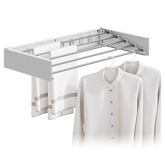 Suport Haine și Uscător Rufe de Perete, Design Pliabil la 90 Grade, Montare prin Perforare, Aluminiu Impermeabil, 80 cm, Alb