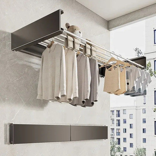 Suport Haine și Uscător Rufe de Perete, Pliabil la 90 Grade, Impermeabil, Montaj prin Perforare, Aluminiu, 100 cm, Negru