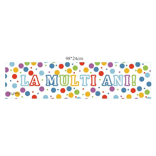 Banner Aniversar La Multi Ani, Decoratiune Petrecere cu Buline, Hartie Decorativa, 98 x 24 cm, Multicolor