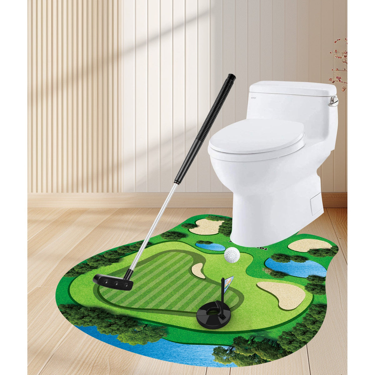Set Joc De Golf Pentru Baie, Mini Teren Interactiv Cu Covoraș Și Accesorii, PVC Și ABS, 80 x 69 cm, Verde