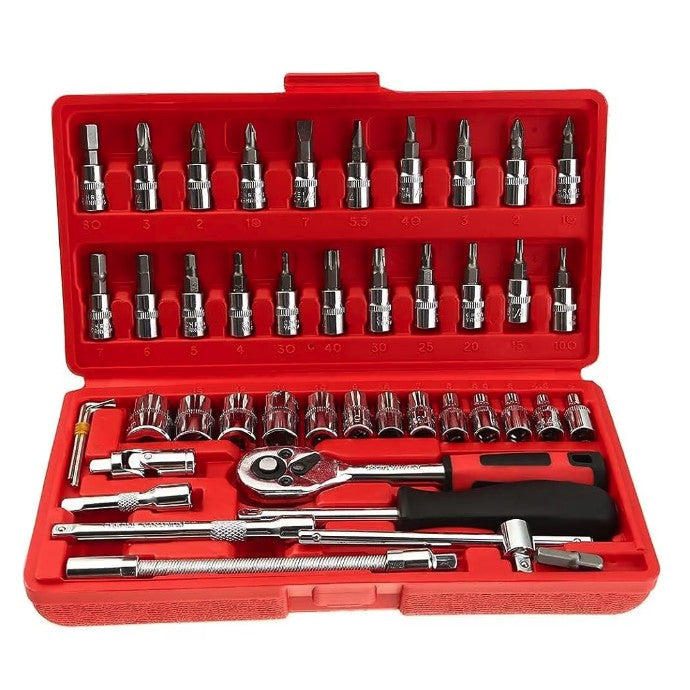 Trusa Scule de Reparatii Auto cu Set Chei Tubulare, Clichet 1/4 Inch, Prelungitoare si Biti, Otel, 46 Piese, 1.9 kg, Cutie Rosie