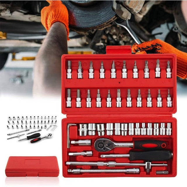 Trusa Scule de Reparatii Auto cu Set Chei Tubulare, Clichet 1/4 Inch, Prelungitoare si Biti, Otel, 46 Piese, 1.9 kg, Cutie Rosie