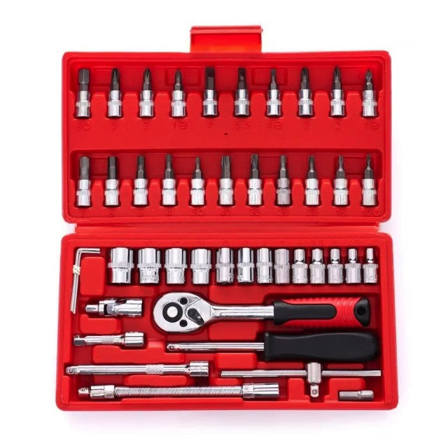 Trusa Scule de Reparatii Auto cu Set Chei Tubulare, Clichet 1/4 Inch, Prelungitoare si Biti, Otel, 46 Piese, 1.9 kg, Cutie Rosie