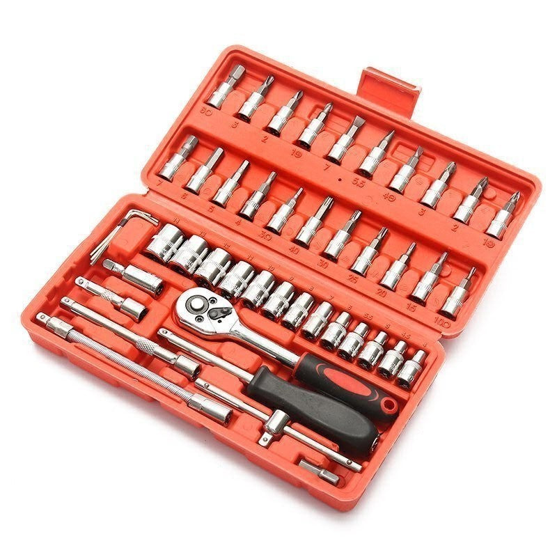 Trusa Scule de Reparatii Auto cu Set Chei Tubulare, Clichet 1/4 Inch, Prelungitoare si Biti, Otel, 46 Piese, 1.9 kg, Cutie Rosie
