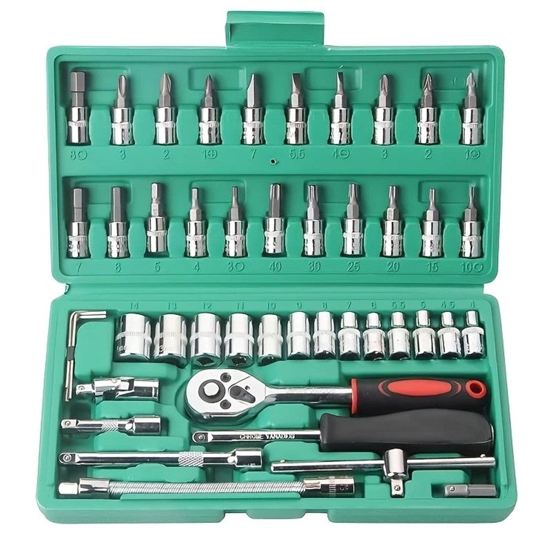 Trusa Scule si Chei Tubulare cu Clichet 1/4 Inch, Set 46 Piese pentru Reparatii Auto, Crom Vanadiu, Prelungitor Flexibil si Articulatie Cardanica, 23 x 12 x 4 cm, Verde