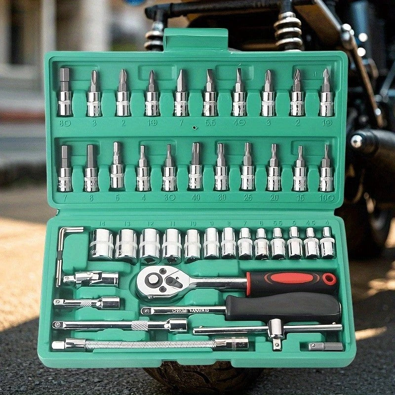 Trusa Scule si Chei Tubulare cu Clichet 1/4 Inch, Set 46 Piese pentru Reparatii Auto, Crom Vanadiu, Prelungitor Flexibil si Articulatie Cardanica, 23 x 12 x 4 cm, Verde
