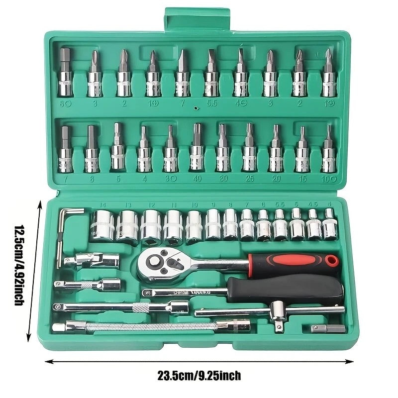 Trusa Scule si Chei Tubulare cu Clichet 1/4 Inch, Set 46 Piese pentru Reparatii Auto, Crom Vanadiu, Prelungitor Flexibil si Articulatie Cardanica, 23 x 12 x 4 cm, Verde