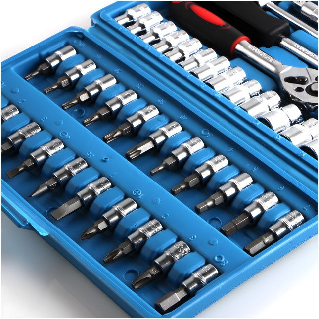 Trusa Scule de Reparatii Auto cu Chei Tubulare si Clichet 1/4 Inch, Set 46 de Piese, Prelungitor Flexibil si Articulatie Cardanica, Otel, 23 x 12 x 4 cm, Cutie Depozitare Albastra