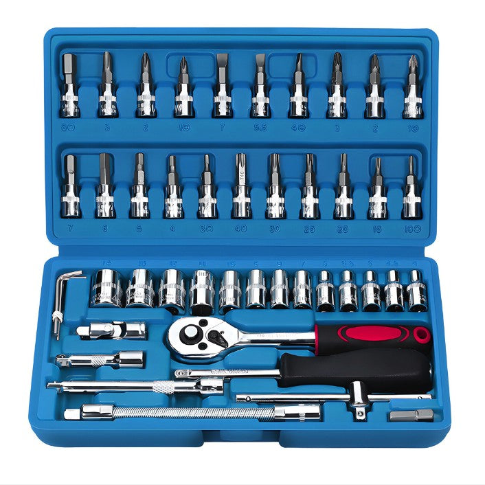Trusa Scule de Reparatii Auto cu Chei Tubulare si Clichet 1/4 Inch, Set 46 de Piese, Prelungitor Flexibil si Articulatie Cardanica, Otel, 23 x 12 x 4 cm, Cutie Depozitare Albastra