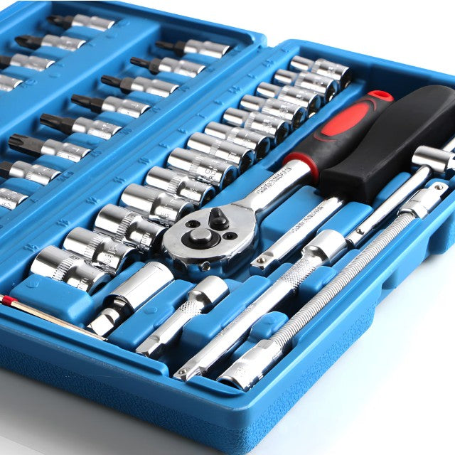 Trusa Scule de Reparatii Auto cu Chei Tubulare si Clichet 1/4 Inch, Set 46 de Piese, Prelungitor Flexibil si Articulatie Cardanica, Otel, 23 x 12 x 4 cm, Cutie Depozitare Albastra