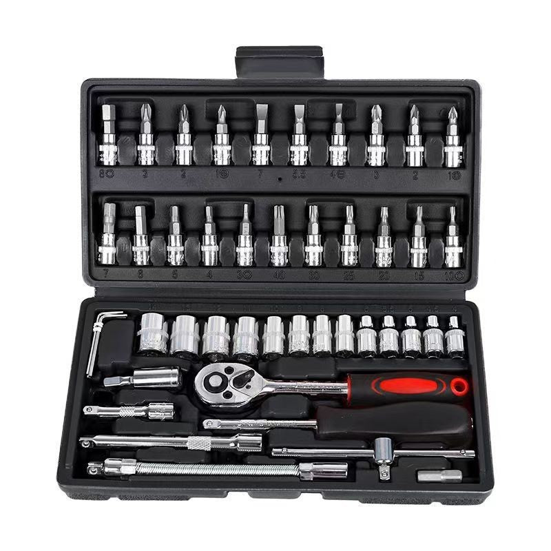 Trusa Scule de Reparatii Auto cu Chei Tubulare si Clichet, Set 46 Piese cu Prelungitoare si Adaptoare, Otel, 1/4 Inch, Cutie Depozitare Neagra