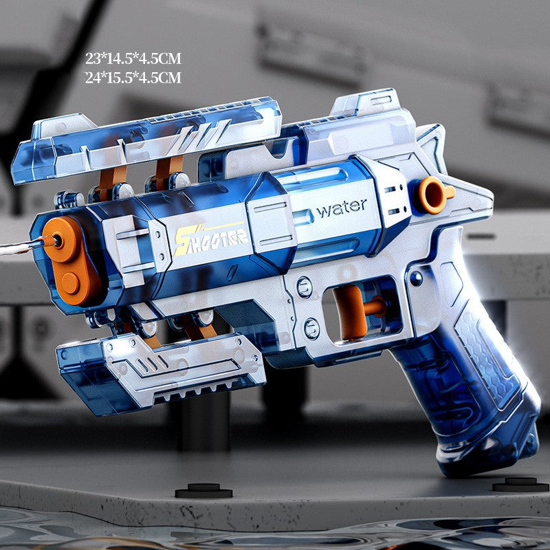 Pistol cu Apa S-Shooter, Jucarie Manuala pentru Copii, Mecanism de Tragere Facil, Plastic Rezistent, 23 x 14.5 cm, Albastru Transparent