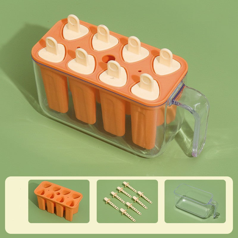 Set Forme Pentru Inghetata De Casa Si Sucuri Ghetate, 8 Matrite Reutilizabile Cu Suport, Plastic Dur Si Silicon Alimentar, 13 x 10 x 6.5 cm, Portocaliu