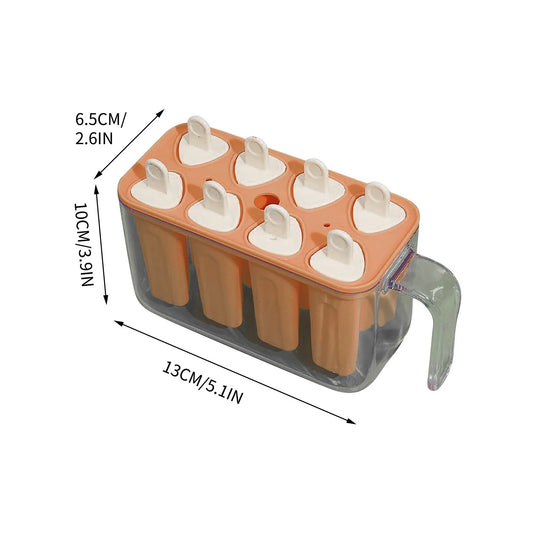 Set Forme Pentru Inghetata De Casa Si Sucuri Ghetate, 8 Matrite Reutilizabile Cu Suport, Plastic Dur Si Silicon Alimentar, 13 x 10 x 6.5 cm, Portocaliu