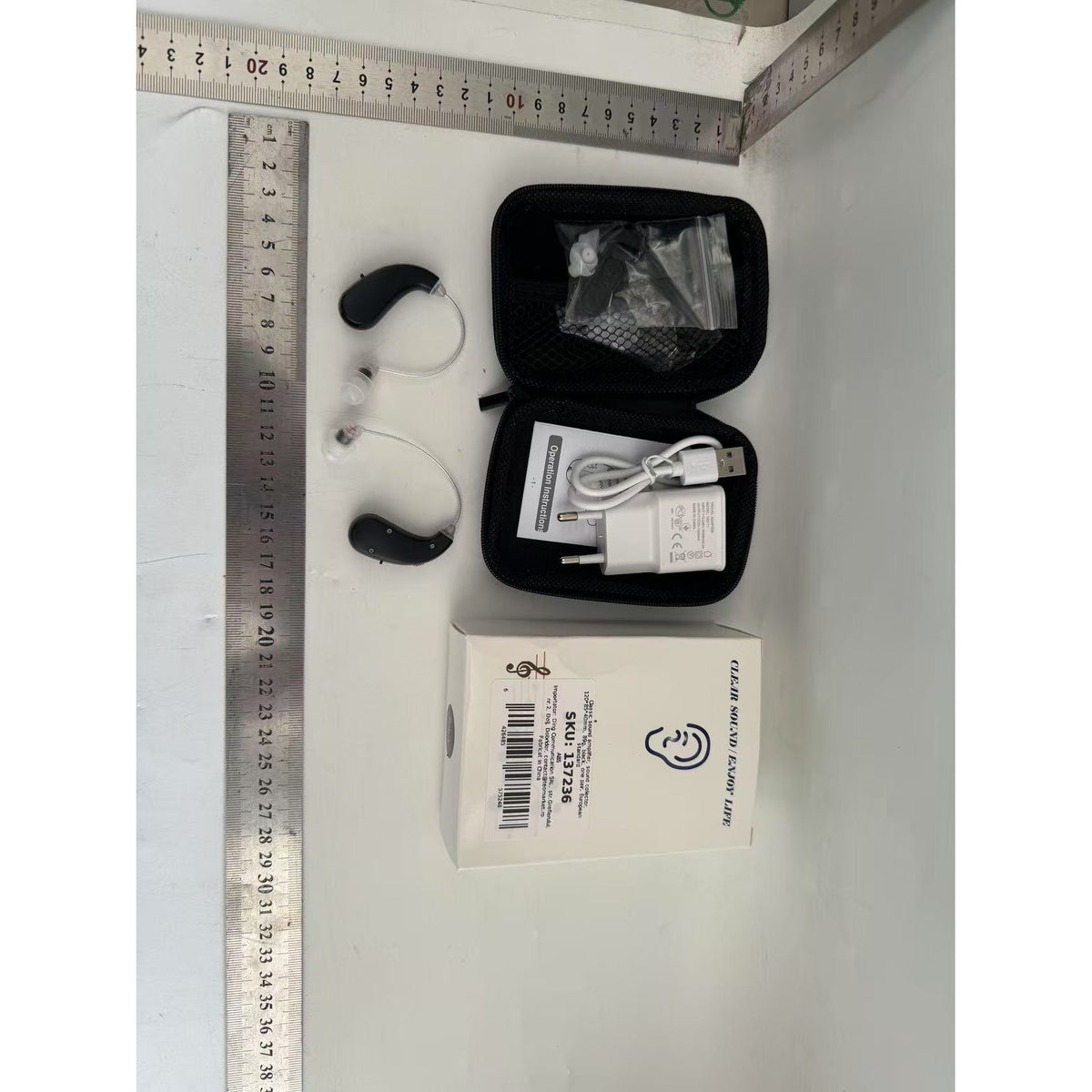 Aparat Auditiv Retroauricular BTE Reincarcabil, Amplificator Sunet cu Control Volum si Moduri Operare, Set 2 Bucati Stanga Dreapta, Standard European, Negru