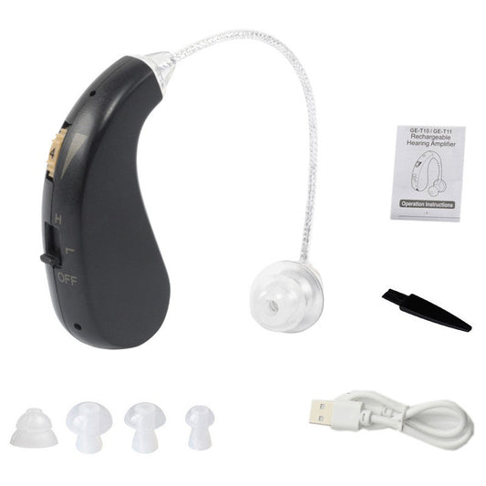 Aparat Auditiv Retroauricular BTE Reincarcabil, Amplificator Sunet cu Control Volum si Moduri Operare, Set 2 Bucati Stanga Dreapta, Standard European, Negru