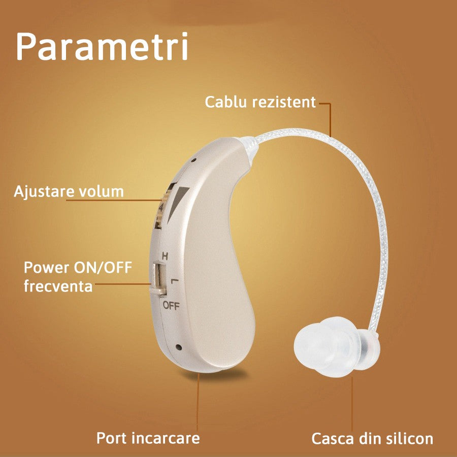 Aparat Auditiv Retroauricular BTE Reincarcabil, Amplificare Sunet cu Moduri H/L si Control Volum, Design Ergonomic, Standard European, Set 2 Bucati Stanga si Dreapta, Auriu