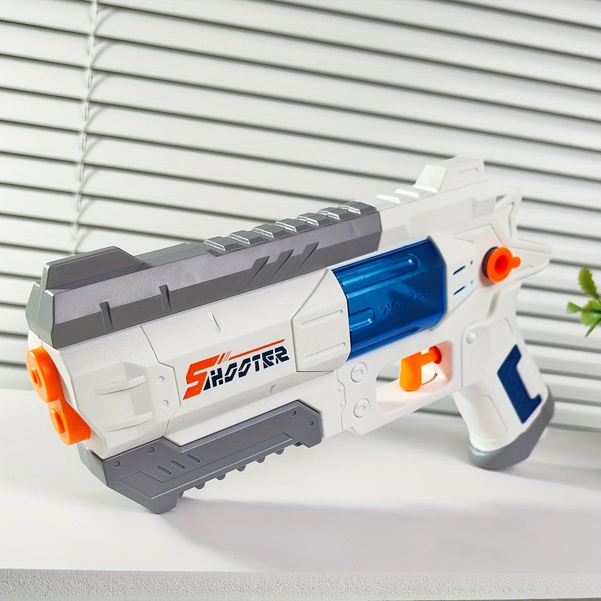 Pistol cu Apa S-Shooter, Jucarie de Exterior si Interior, Mecanism Manual, Plastic Rezistent si Spuma Moale, 23 x 14.5 cm, Alb-Albastru