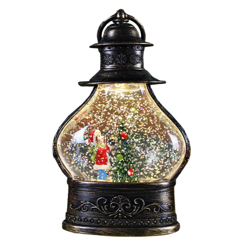 Felinar Decorativ de Craciun, Glob de Zapada cu Sclipici si Lumini LED, Model Spiridus, Plastic si Sticla, 14.5 x 9 x 3 cm, Rama Neagra, Transparent