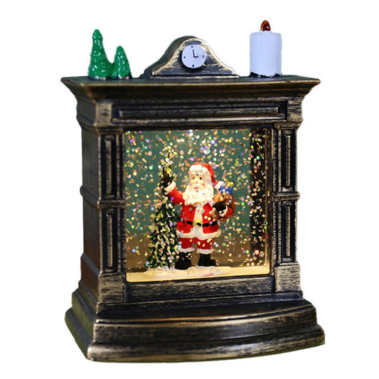Decoratiune de Craciun tip Semineu, Glob de Cristal cu Ninsoare si Mos Craciun, Iluminare LED si Lumanare, Carcasa Vintage Bronze, 11.5 x 8.5 x 6.5 cm