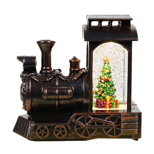Decoratiune de Craciun tip Locomotiva, Glob de Cristal cu Ninsoare Sclipitoare si Brad, Iluminare LED, Stil Vintage Bronze, 11.5 x 12.5 x 6 cm