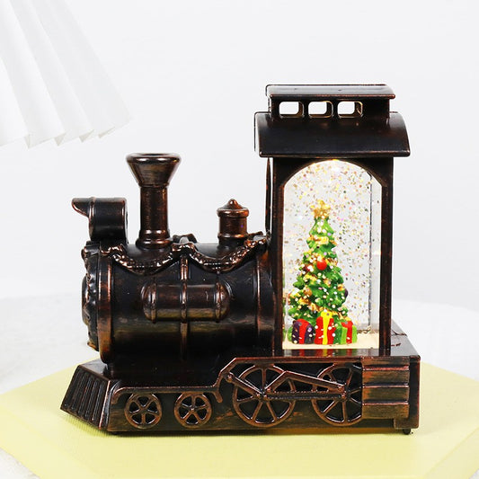 Decoratiune de Craciun tip Locomotiva, Glob de Cristal cu Ninsoare Sclipitoare si Brad, Iluminare LED, Stil Vintage Bronze, 11.5 x 12.5 x 6 cm