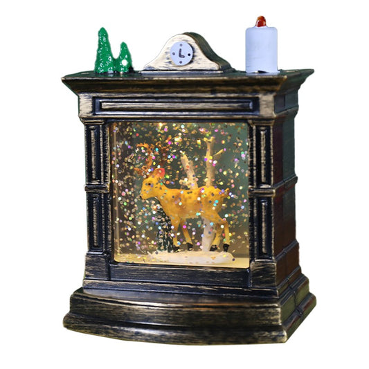 Decoratiune de Craciun Tip Semineu si Ceas, Glob de Zapada cu Figurina Cerb, Iluminare LED si Sclipici, Carcasa Vintage din Plastic, Bronz Antichizat, 11.5 x 8.5 x 6.5 cm