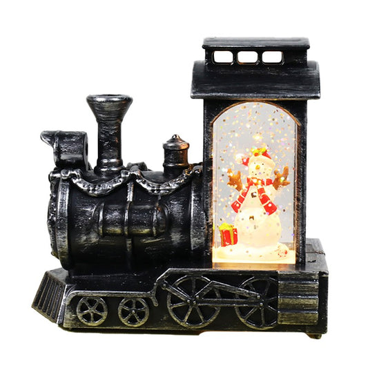 Decoratiune de Craciun Tip Locomotiva, Glob de Cristal cu Ninsoare Sclipitoare si Om de Zapada, Iluminare LED, Stil Vintage Bronze, Plastic si Sticla, 11.5 x 12.5 x 6 cm, Maro Transparent
