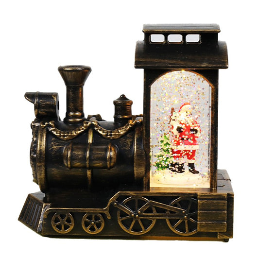 Decoratiune Craciun Locomotiva, Glob de Cristal cu Ninsoare si Mos Craciun, Iluminare LED, Stil Vintage, Material Plastic si Sticla, 11.5 x 12.5 x 6 cm, Bronz Antichizat