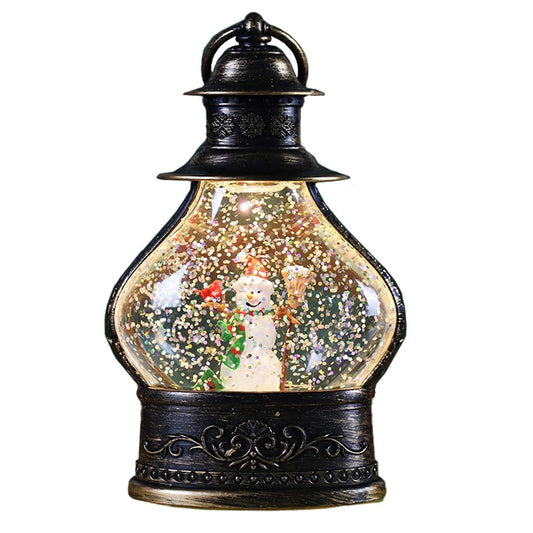 Felinar Decorativ de Craciun, Glob de Zapada cu Om de Zapada si Sclipici, Iluminare LED cu Lumina Calda, Stil Vintage, Material Plastic si Sticla, 14.5 x 9 x 3 cm, Negru-Transparent