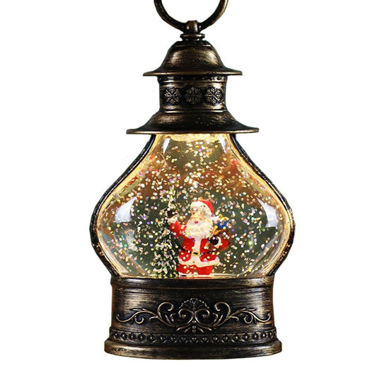 Felinar Decorativ De Craciun Cu Glob De Zapada Si Sclipici, Figurina Mos Craciun Cu Lumini LED, Stil Vintage Din Plastic, 14.5 x 9 x 3 cm, Rama Neagra, Transparent