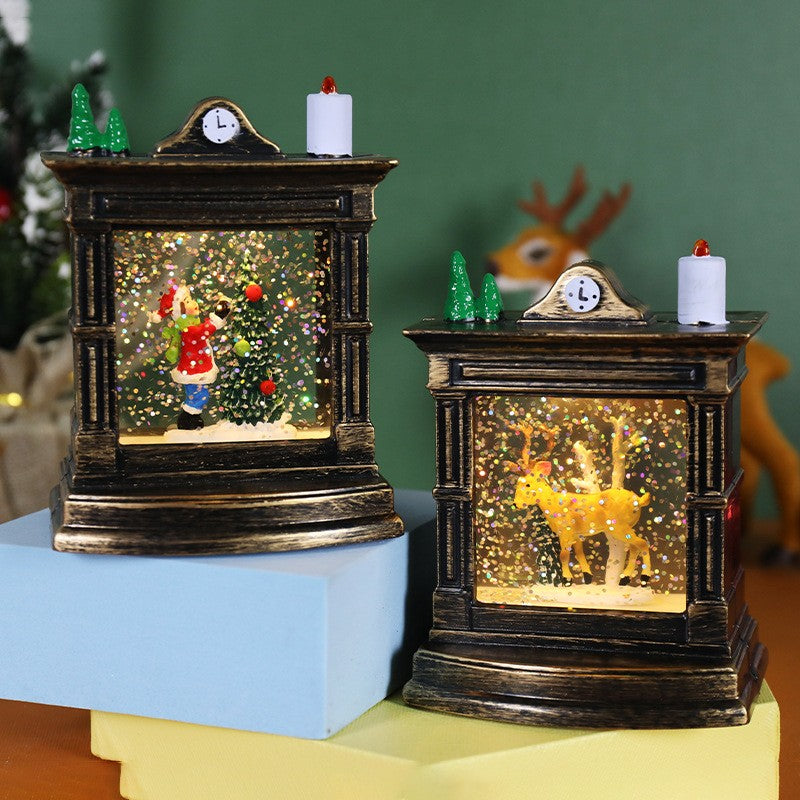 Decoratiune de Craciun Tip Semineu si Ceas, Glob de Zapada cu Sclipici si Iluminare LED, Model Elf cu Lumanare, Plastic si Cristal, 11.5 x 8.5 x 6.5 cm, Bronz Antichizat