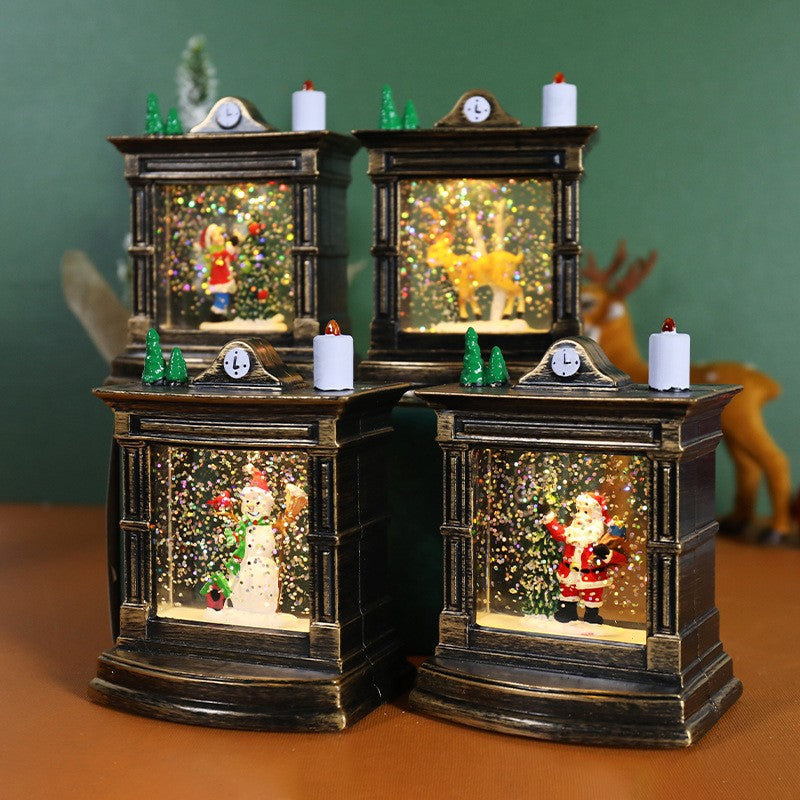 Decoratiune de Craciun Tip Semineu si Ceas, Glob de Zapada cu Sclipici si Iluminare LED, Model Elf cu Lumanare, Plastic si Cristal, 11.5 x 8.5 x 6.5 cm, Bronz Antichizat