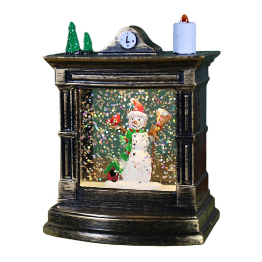 Decoratiune de Craciun Tip Semineu si Ceas Vintage, Glob de Cristal cu Ninsoare si Om de Zapada, Iluminare LED, Carcasa Bronz Antichizat, 11.5 x 8.5 x 6.5 cm