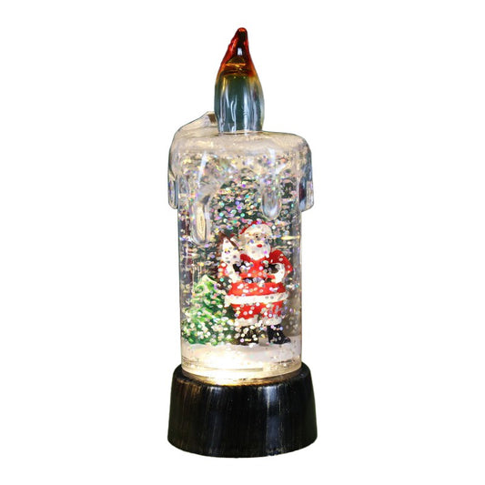Decoratiune de Craciun Tip Lumanare cu Glob de Zapada, Iluminare LED si Sclipici, Model Mos Craciun, Baza Vintage Bronze, Transparent, 13 x 5 x 5 cm