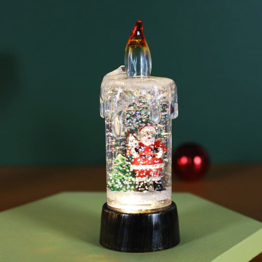 Decoratiune de Craciun Tip Lumanare cu Glob de Zapada, Iluminare LED si Sclipici, Model Mos Craciun, Baza Vintage Bronze, Transparent, 13 x 5 x 5 cm