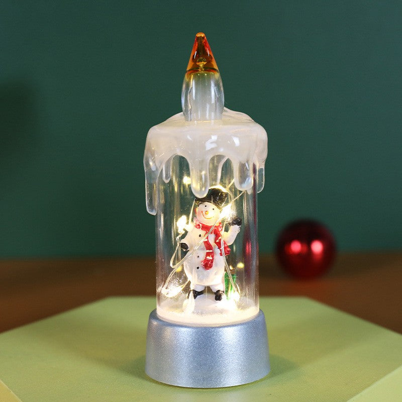 Decoratiune de Craciun Tip Lumanare cu Iluminare LED, Model Om de Zapada si Glob cu Sclipici, Plastic, 13 x 5 x 5 cm, Baza Gri, Transparent