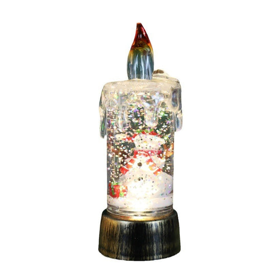 Decoratiune de Craciun Tip Lumanare, Glob de Zapada cu Om de Zapada si Sclipici, Iluminare LED, Material Plastic si Cristal, 13 x 5 x 5 cm, Baza Vintage Bronze, Transparent