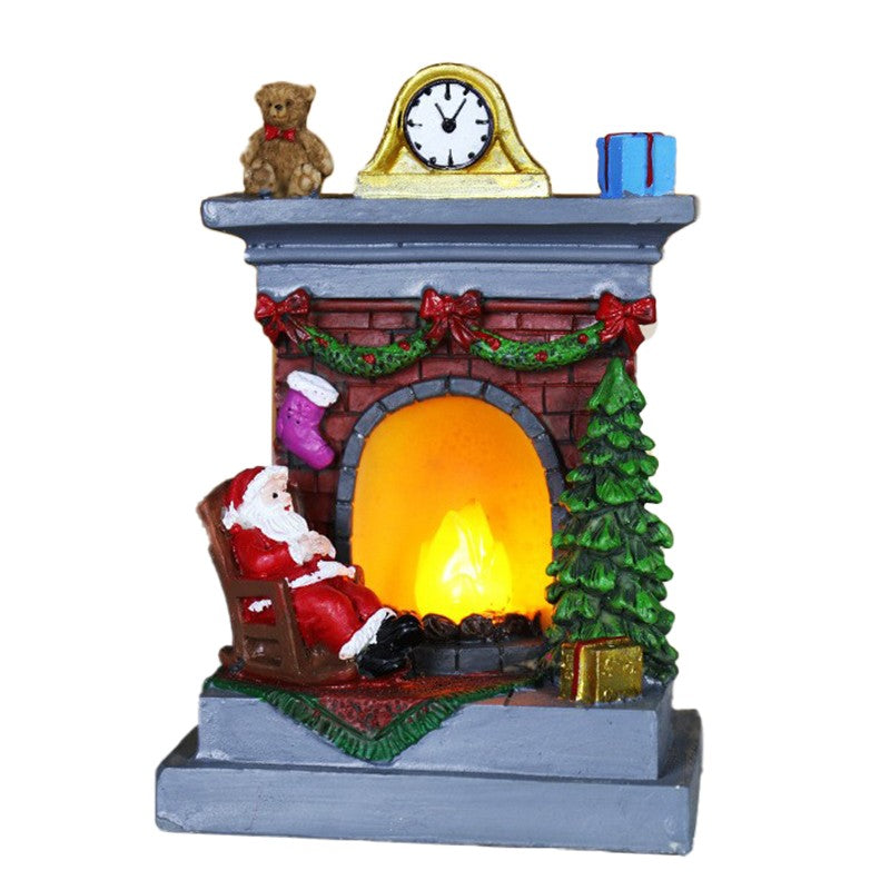 Decoratiune de Craciun Tip Semineu, Figurina Mos Craciun cu Flacara LED, Rasina, 13.5 x 9 x 6 cm, Gri/Rosu
