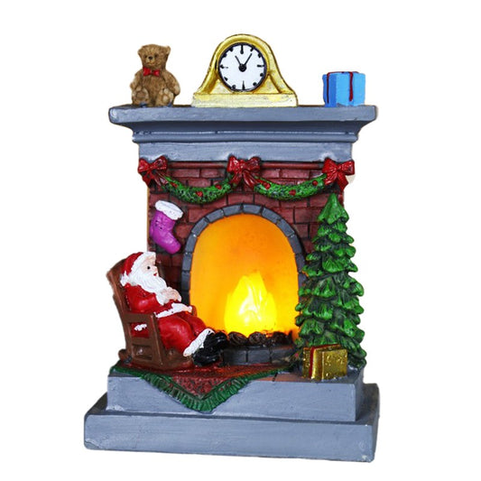 Decoratiune de Craciun Tip Semineu, Figurina Mos Craciun cu Flacara LED, Rasina, 13.5 x 9 x 6 cm, Gri/Rosu