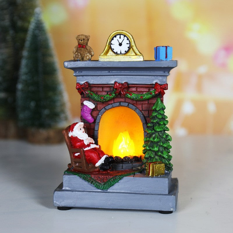 Decoratiune de Craciun Tip Semineu, Figurina Mos Craciun cu Flacara LED, Rasina, 13.5 x 9 x 6 cm, Gri/Rosu