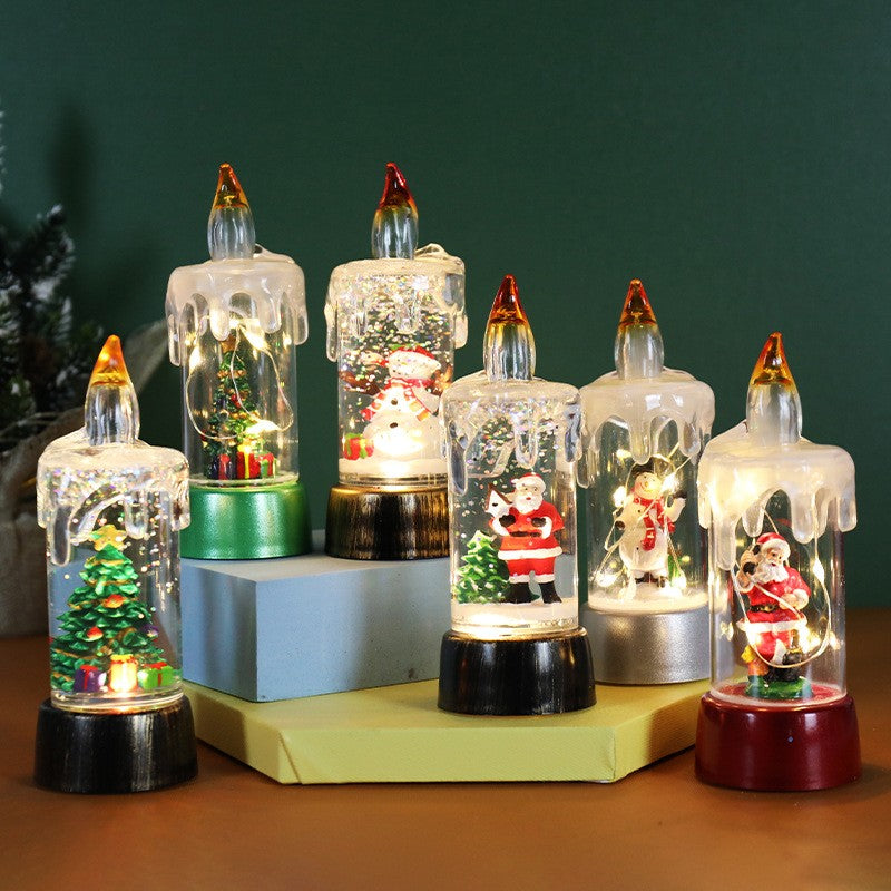 Decoratiune de Craciun Tip Lumanare cu LED, Glob de Zapada si Model Brad, Efect Ninsoare cu Sclipici, Plastic si Cristal, 13 x 5 x 5 cm, Baza Verde, Transparent