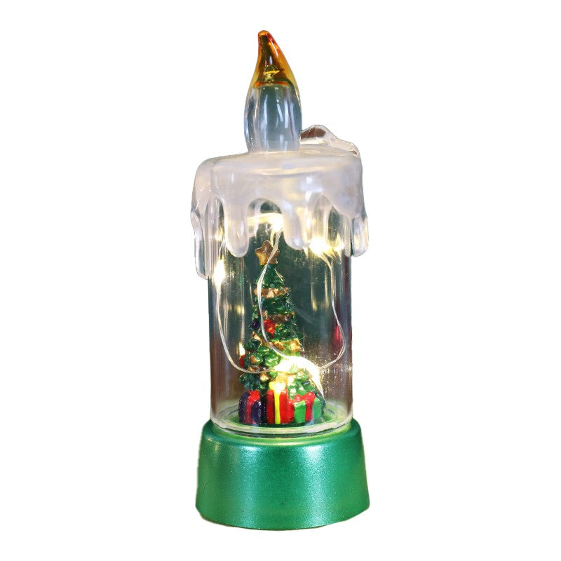 Decoratiune de Craciun Tip Lumanare cu LED, Glob de Zapada si Model Brad, Efect Ninsoare cu Sclipici, Plastic si Cristal, 13 x 5 x 5 cm, Baza Verde, Transparent