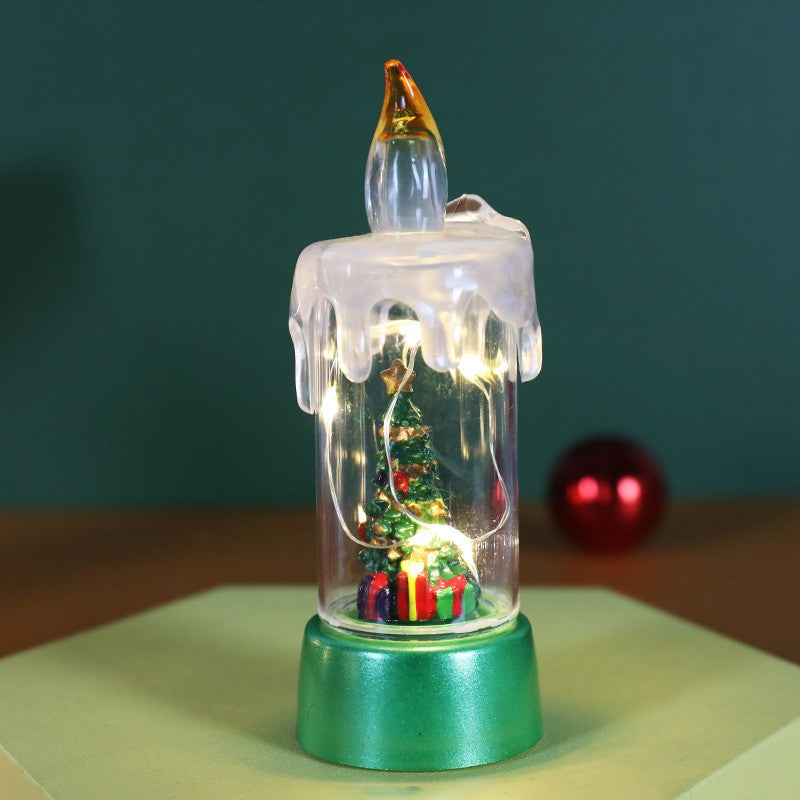 Decoratiune de Craciun Tip Lumanare cu LED, Glob de Zapada si Model Brad, Efect Ninsoare cu Sclipici, Plastic si Cristal, 13 x 5 x 5 cm, Baza Verde, Transparent
