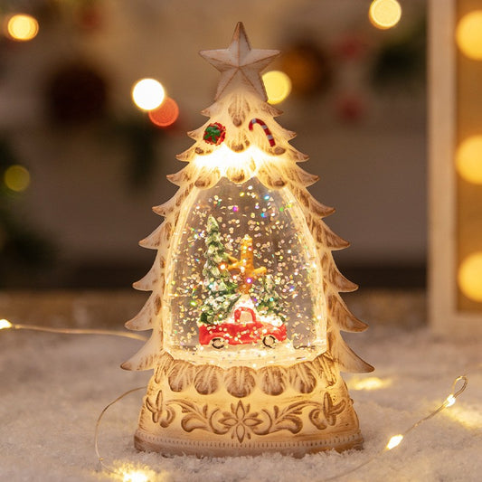 Decoratiune de Craciun tip Brad, Glob de Cristal cu Ninsoare Sclipitoare, Model Masinuta si Ren, Iluminare LED, Carcasa Vintage Bej, 16 x 9 x 5 cm