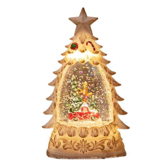 Decoratiune de Craciun tip Brad, Glob de Cristal cu Ninsoare Sclipitoare, Model Masinuta si Ren, Iluminare LED, Carcasa Vintage Bej, 16 x 9 x 5 cm