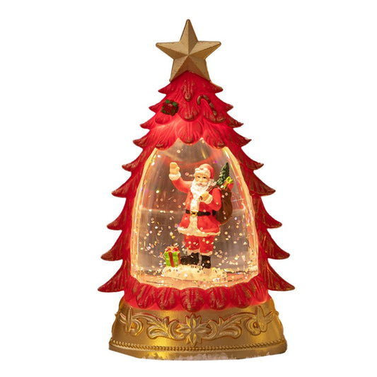 Decoratiune de Craciun sub Forma de Brad, Glob de Cristal cu Ninsoare Sclipitoare, Iluminare LED Calda, Carcasa Vintage cu Masinuta si Ren, Rosu si Transparent, 16 x 9 x 5 cm