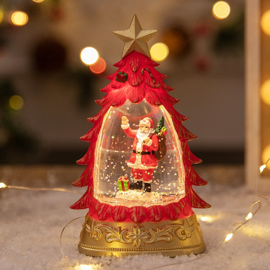 Decoratiune de Craciun sub Forma de Brad, Glob de Cristal cu Ninsoare Sclipitoare, Iluminare LED Calda, Carcasa Vintage cu Masinuta si Ren, Rosu si Transparent, 16 x 9 x 5 cm