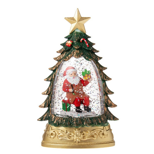 Brad Decorativ de Craciun, Glob de Cristal cu Ninsoare Sclipitoare si Mos Craciun, Iluminare LED, Stil Vintage, Material Acrilic, 16 x 9 x 5 cm, Verde Transparent